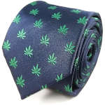 dark blue colored necktie with green marijuana pot leaf pattern